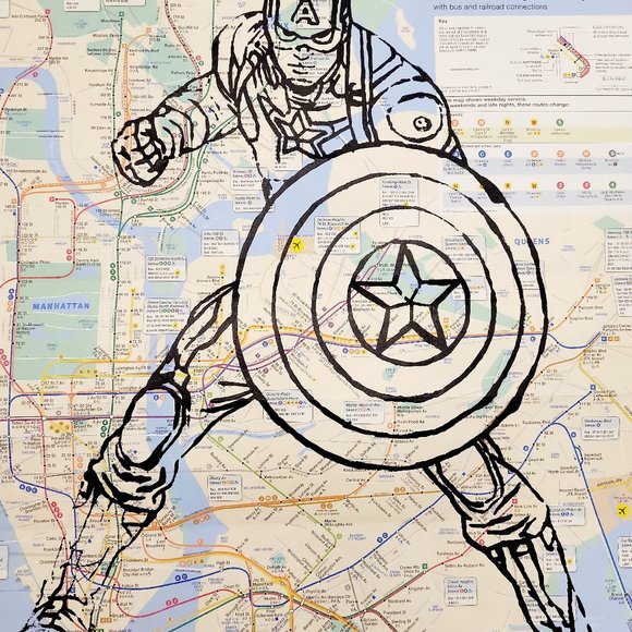 Handpainted Marvel Captain America Art on NYC Subway Map Rare Original Artwork - Picture 6 of 11